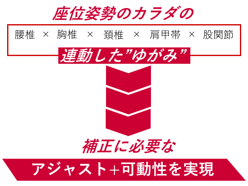 座位姿勢のカラダの連動した歪み。
腰椎、胸椎、頚椎、肩甲帯、股関節。
補正に必要なアジャスト+可動性を実現。